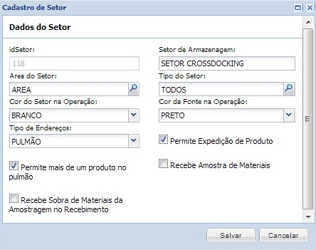 Cadastrar Setor de Cross Docking